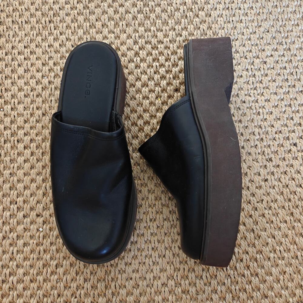 Vince Anton Black Leather Platform Slip On Mule Clogs Platform Size 6 EU 36